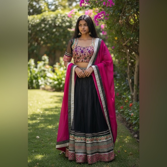 Indian Designer Black and Pink Chaniya Choli Navratri Garba Dress - Picture 3 of 15